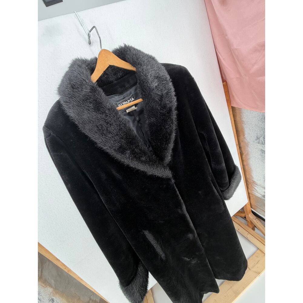 Olympia Limited Inc Black Faux Fur Long Coat Pockets Fully Lined 3 Clasp L - Picture 11 of 12